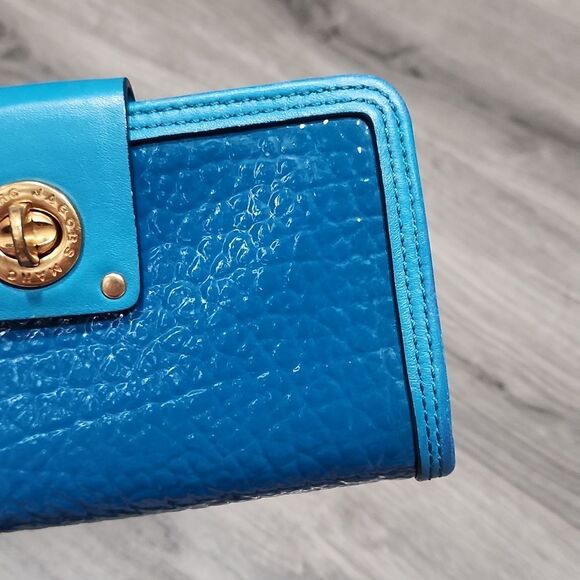 RARE Marc By Marc Jacobs Turquoise Leather&Patent Turnlock Carteira Azul Wallet - Picture 3 of 9